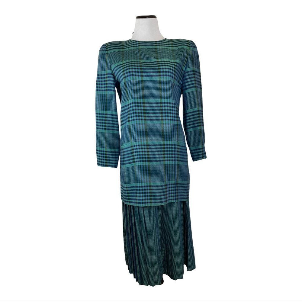 Vintage Joan Leslie Sz 6 Green Plaid Pleated Skirt Suit Shoulder Pads 80s Work